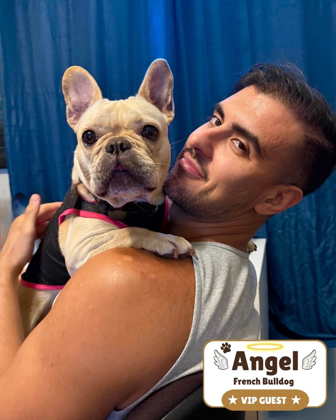Tyler hugging a French Bulldog guest at his home