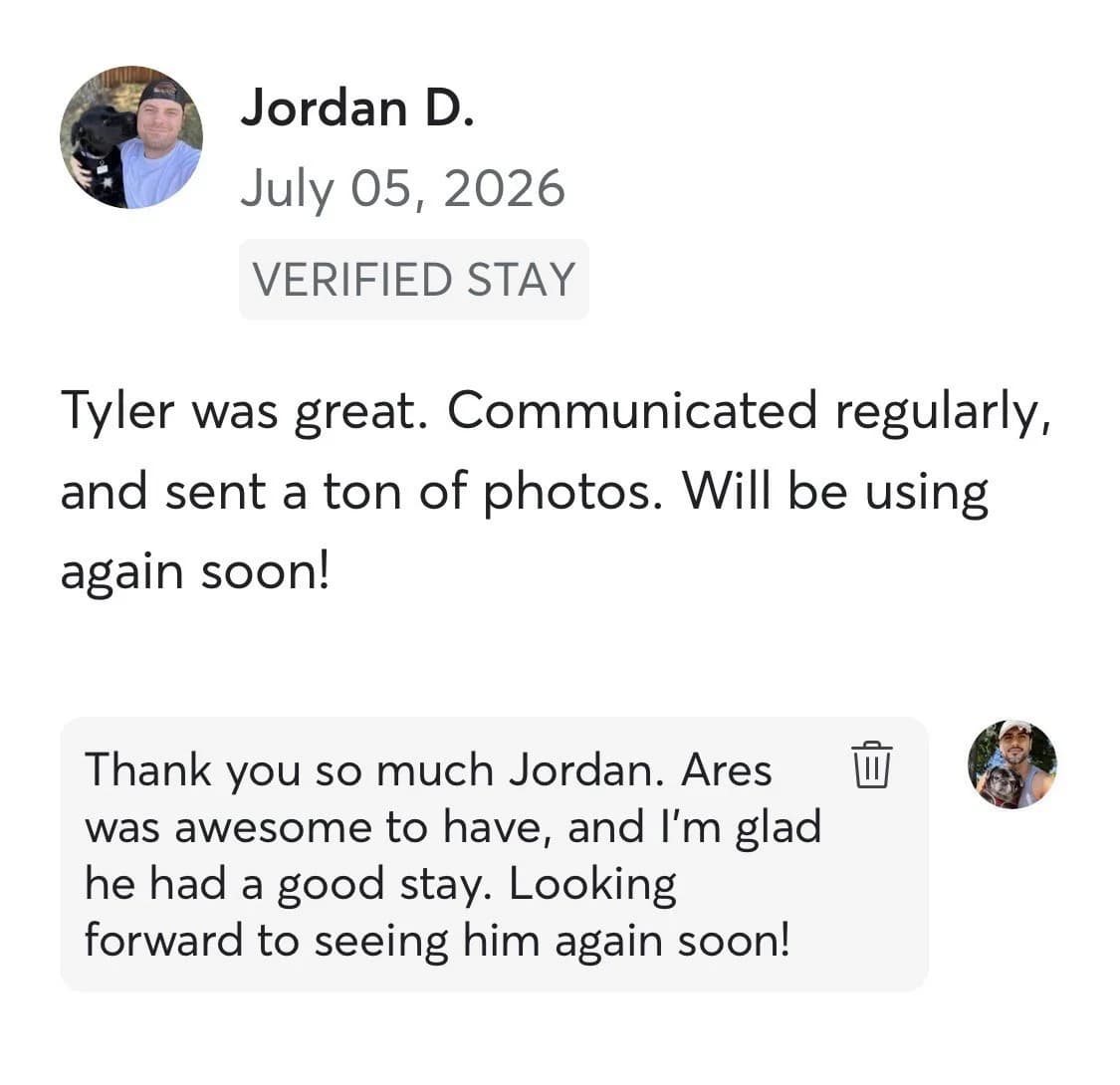 Review by Jordan D., July 2026: Tyler was great. Communicated regularly, and sent a ton of photos. Will be using again soon!